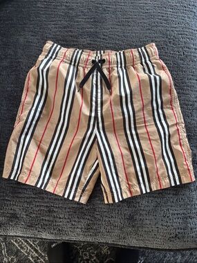 Burberry Beige Swim Shorts with Black, White & Red Stripes,  kids/boys